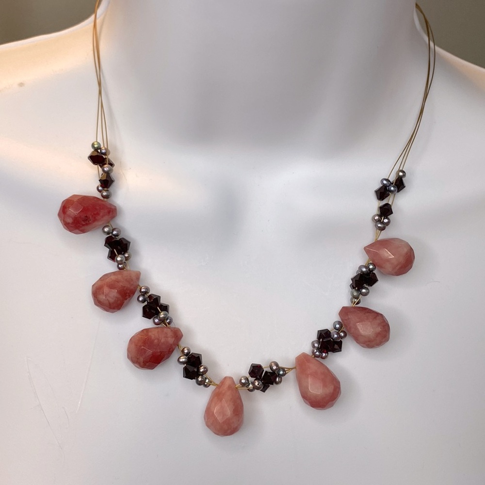 Strawberry Quartz Swarovski crystal Floating necklace pearl gold